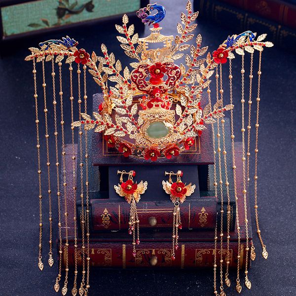

t1014 chinese style ancient bride headwear phoenix coronet golden tassels bridal crown earrings classical wedding accessories, Slivery;golden