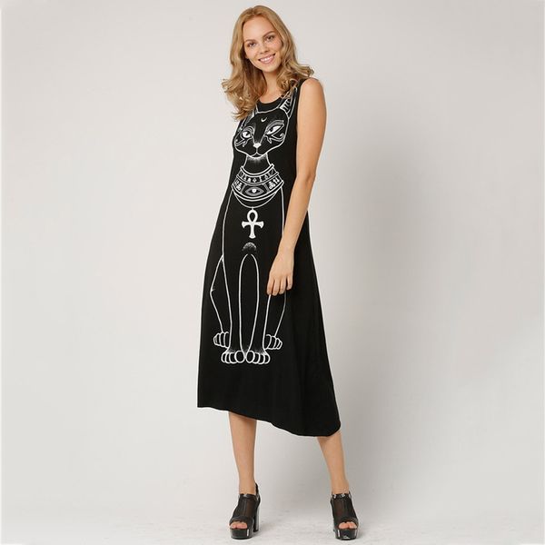 

women's long dresses casual cat print boho long maxi beach dress evening party bodycon tank dress tunic vestidos lyq64, Black;gray