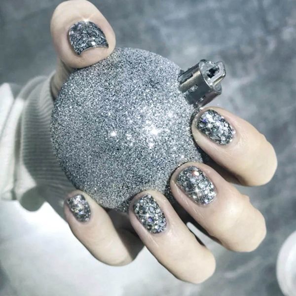 

24pcs shiny silver nail glitter sequin colorful party fake nail girl short size false summer beauty diy art decoration, Red;gold