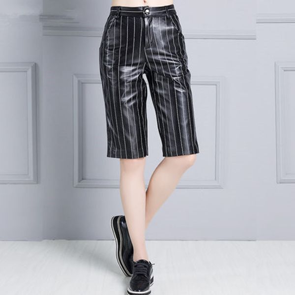 

2019 women high waist slim sheepskin print pants p8, Black;white