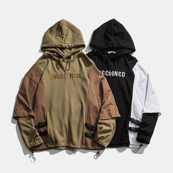 

2019 new winter hooded stitching contrast color street loose comfort oversize thin section hood fake two pieces pullover, Black