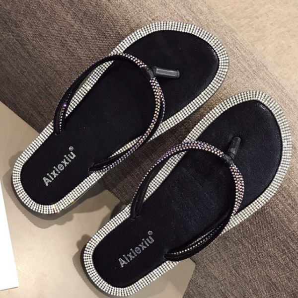 

crystal flip flops women bling bling flats silver sandals roman beach shoes summer ladies narrow band slippers diamonds sandals, Black