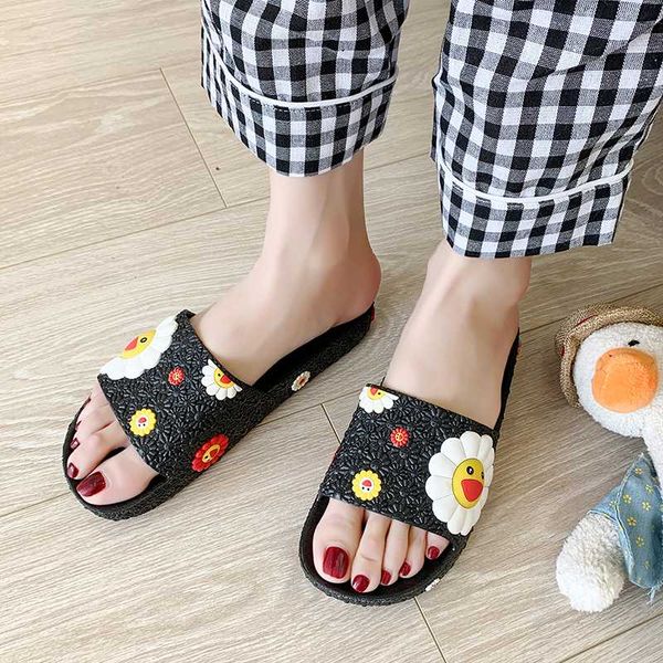 

3d smiling sunflower beach slippers platform sandals women casual flats flip flops women outside summer home bath indoor shoes, Black