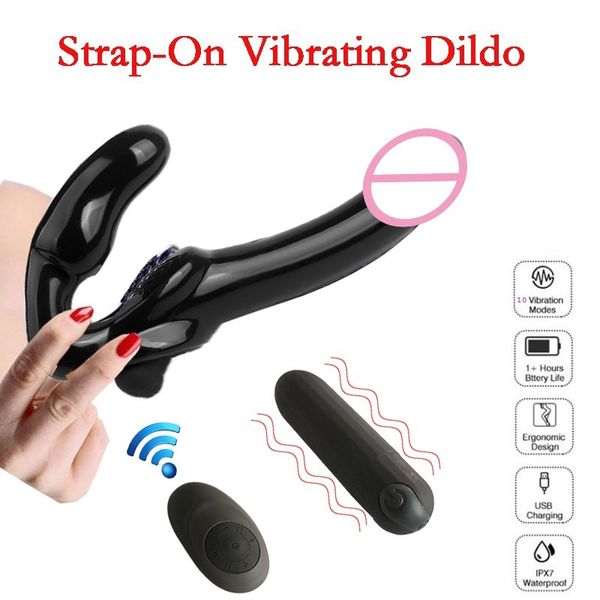 Giocattolo del sesso lesbico con cinturino in silicone senza spalline vibrante con telecomando a 10 velocità Y200410