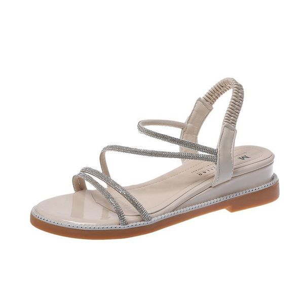 

wedge low sandals woman leather open toe 2020 women's ladies shoes summer suit female beige strappy heels all-match on, Black