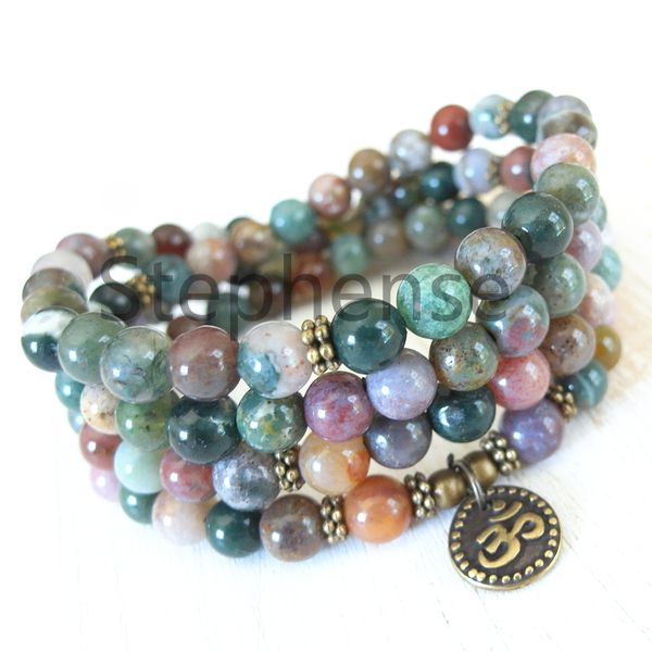 MG0670 Bracciale in agata indiana naturale da 8 mm Nuovo stile Ohm Fascino Fancy Perline Bracciale Yoga Mala Bracciale Spedizione gratuita