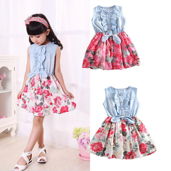 

2016 new arriving children kids girls dresses clothes denim flower patchwork casual bow cute dress summer dresses size 1-7y, Red;yellow