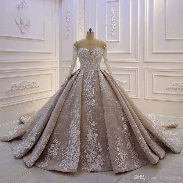 Laço árabe luxuoso apliques vestido de bola vestido de casamento dubai champanhe mangas compridas vintgae vestido nupcial