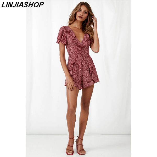 

french women summer ladies shorts romper two color ruffles deep v neck playsuit a line holiday beach summer jumpsuit, Black;white