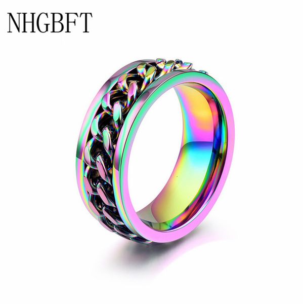 

nhgbft 8mm wide rotating chain ring for men women stainless steel rainbow spinner rings male jewelry, Slivery;golden
