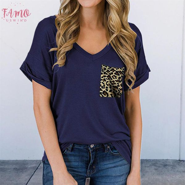 

v neck t shirt women short sleeve tee 2020 summer leopard pocket t shirt women casual streetwear for female summer tee, White