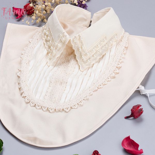 

decoration yarn princess bead collier crystal decaration blouse peter pan collares detachable collars round button fake lapel neck collar, White