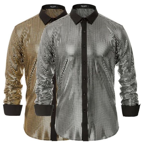 

men shiny shirt 70s disco party costume long sleeve contrast color summer vintage slim blouse 2020 new clothing male formal, White;black