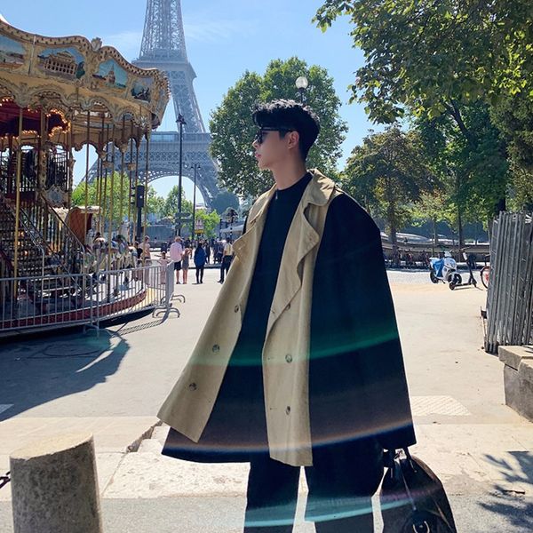 

nice autumn and winter lapel color matching woolen coat fashion casual waist double-breasted windbreaker jacket -xl, Tan;black