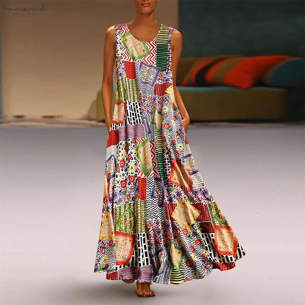 

2020 summer dress vintage print floral patch maxi long dress female boho sleeveless o neck loose dress plus size vestidos, Black;gray