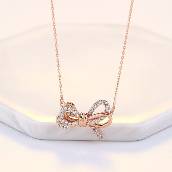 

japan and south korea selling 18k rose gold crystal bow pendant necklace swan brand new temperament joker women's jewelry, Silver