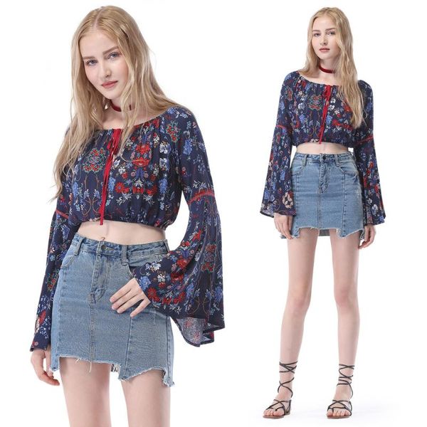 

cantonee плюс размер цветочные печатных женщин рубашка с длинным расклешенным рукавом летние блузки рубашки цветок печать мода женский топы, White