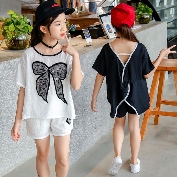 

baby children's clothing girls summer thin set 2019 new summer fashion sequins bow pattern two-piece big boy short sleeve set, White