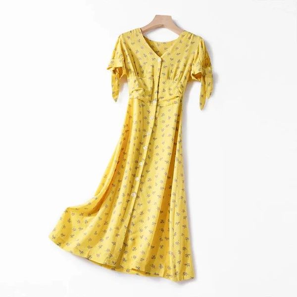 

women dress summer 2020 new retro single-breasted yellow floral v-neck midi dress, Black;gray
