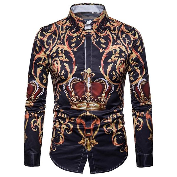 

gentleman dinner shirt noble style floral blouse long sleeve man turn-down collar 3xl slim blusa crown print man shirts new, White;black