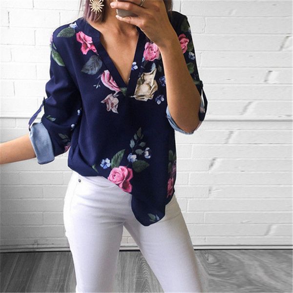 

women ladies flower leaf print blouses fashion ladies chic v neck casual long sleeve shirt blouse blusas mujer de moda 2019, White