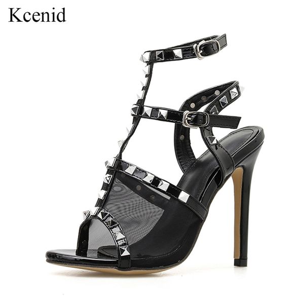 

kcenid 2020 new women sandals summer peep toe rivets studded cut-out mesh pumps t-strap stiletto high heel women shoes, Black