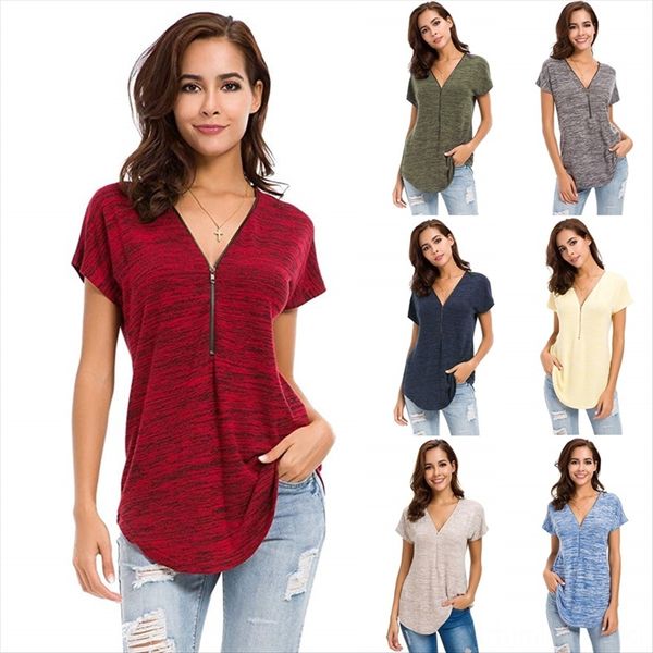 

2019 solid color stitching casual loose v-neck short-sleeved women's t-shirt 2019 solid color stitching casual loose v-neck short-sleev, White
