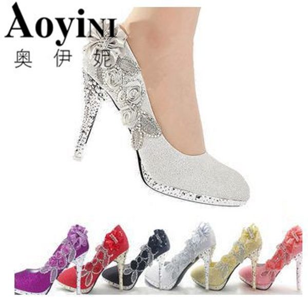 

wedding shoes glitter gorgeous bridal evening party crystal high heels women shoes woman pumps silver bridal shoes 6 color, Black