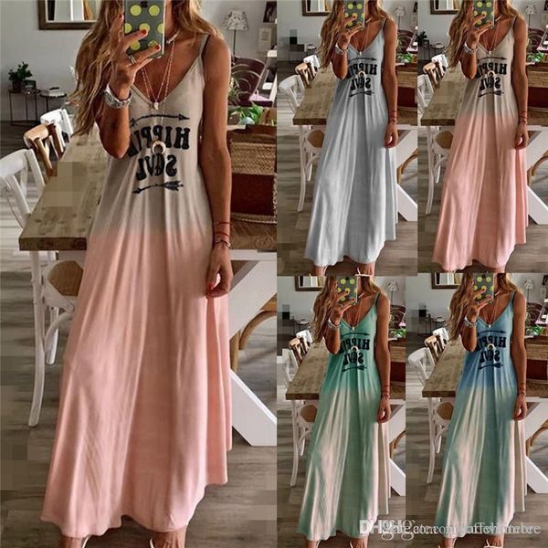 

slim designer women dresses gradient color letter printed sling casual sleeveless v neck fashion womens dresses, Black;gray