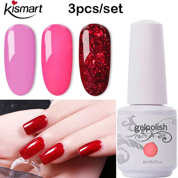 

3pcs/set 369 colors 8ml gel polish nail gel lak art for uv varnish nail art varnishes soak off lacquer polish, Red;pink