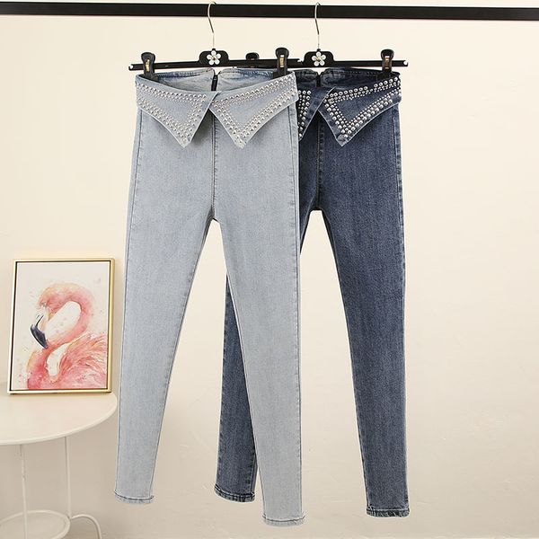 

cowboy skinny pants women 2020 spring sequin drilling irregular high-waist jeans pants slim fit rivet denim trousers female, Blue