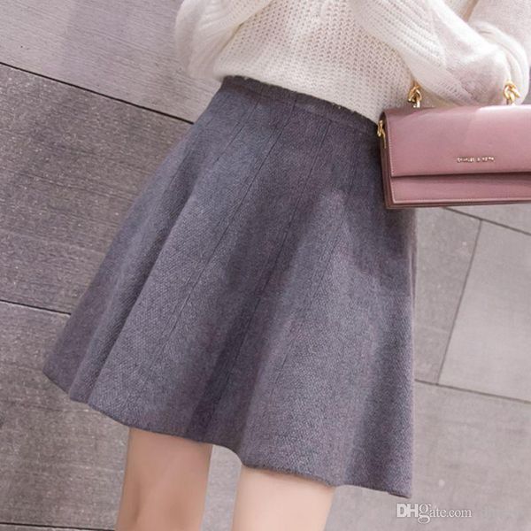 

hju women mini skirt solid autumn winter knit sweater pleated skirts elastic high waist a-line above knee skirt, Black