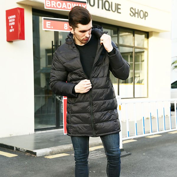

new winter men's light long jacket autumn and winter fashion hooded coat male lightweight hooded parkas for young, Black