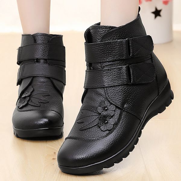 

large size 35-43 mom suitable winter ankle boots winter plush genuine leather shoes for women snow boots, Black