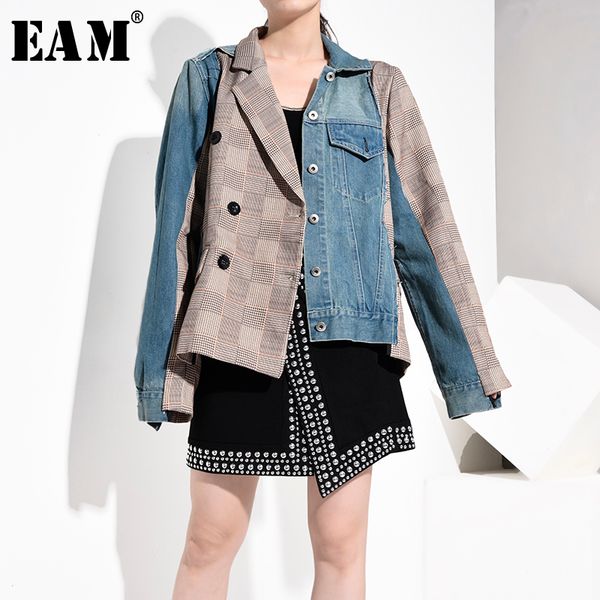 

eam] loose fit blue denim plaid stitch big size jacket new lapel long sleeve women coat fashion tide autumn winter 2019 jt8880, Black;brown
