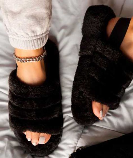 

women furry fur slides indoor home slippers woman fluffy flip flops ladies home shoes female flats shoes chanclas mujer 2020, Black