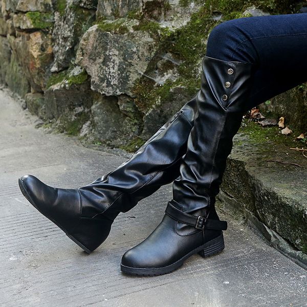 

heflashor women leather classic knee high riding boots with low-heel slip on pointed toe booties winter fashion solid women shoe, Black