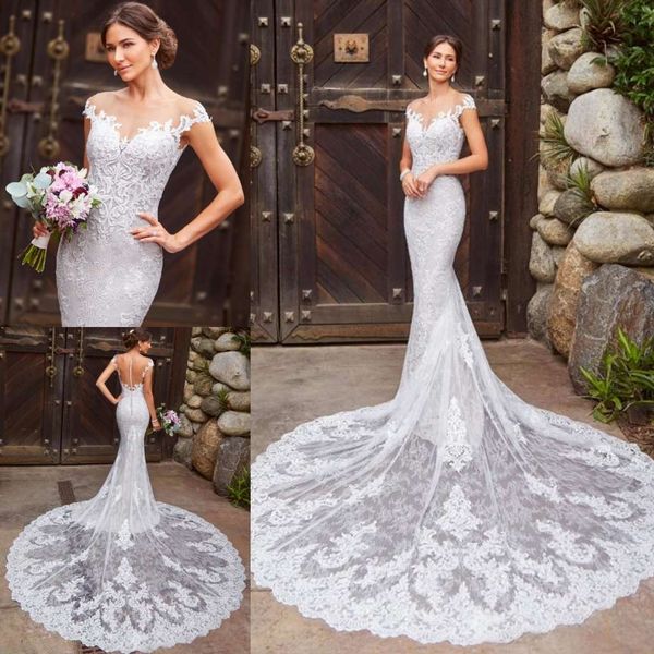 

kitty chen 2019 свадебные платья jewel шеи кружева аппликация шапкой с коротким рукавом пляж свадебные платья развертки поезд русалка свадеб, White