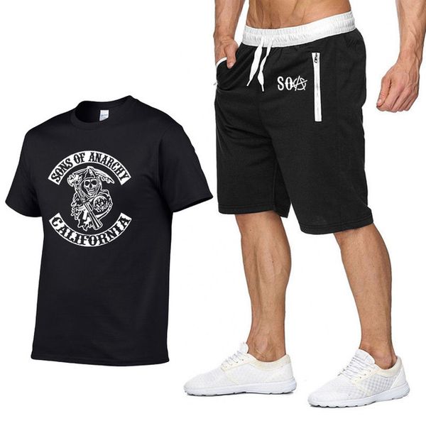 

soa sons of anarchy short sleeve men t-shirt samcro skull print cotton hiphop casual t shirts pants suit sportsweae