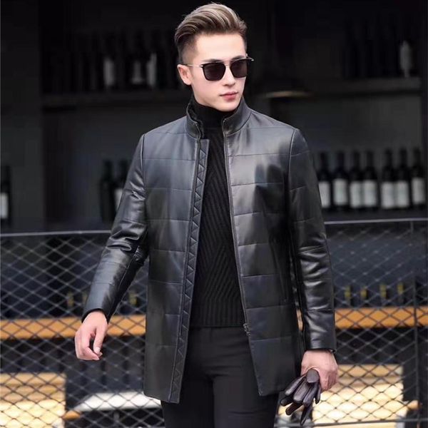 

men's real sheepskin down parka genuine leather down coat men biker winter warm leather natural fur coat, Black