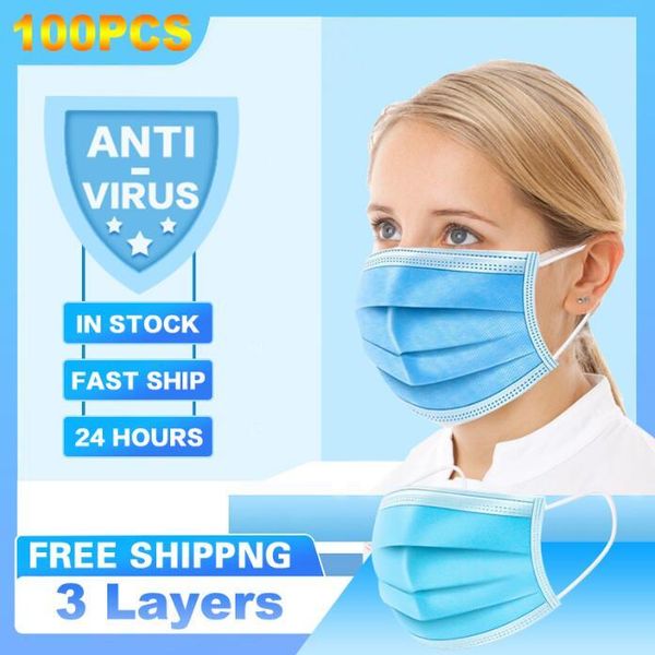 

100pcs 3 layer ply qualified disposable face masks prevent virus anti-dust virus safe pm2.5 protective mask