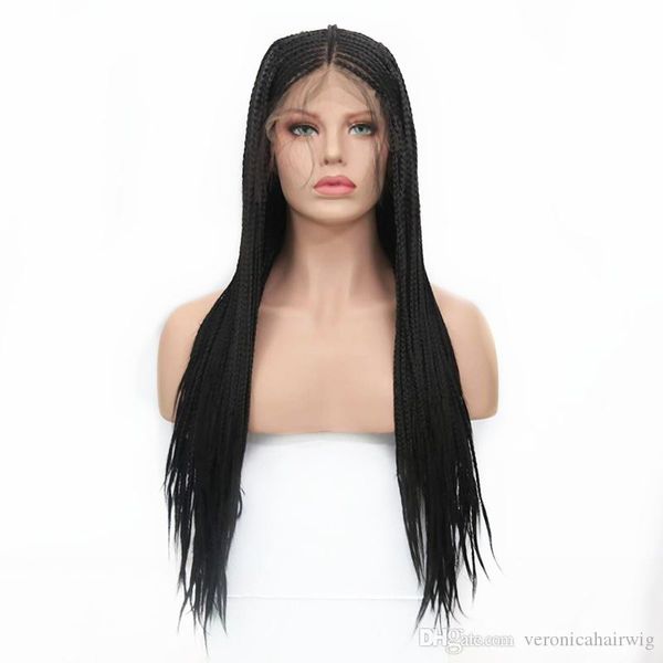 Natural Black Micro Braids Synthetic Lace Front Wig With Baby Hair Braiding Styles Synthetic African Hair Box Braided Wigs For Women 24 Inch Freetress