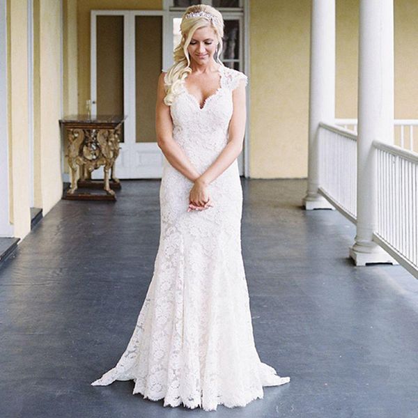 

Lace Mermaid Wedding Dresses Short Sleeves V Neck Western Country Wedding Dresses Open Back Cheap Garden Bridal Gowns