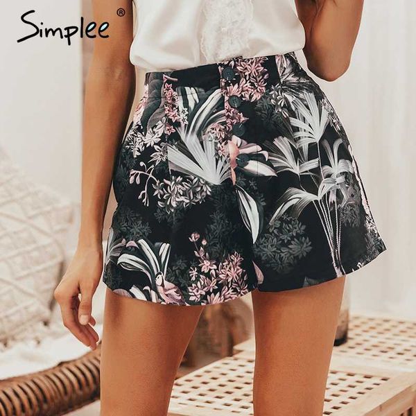 

simplee bohemian floral print women shorts summer casual button elastic high waist female bottom shorts streetwear ladies, White;black