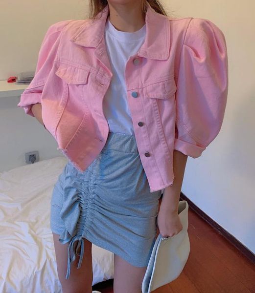 

women denim jacket summer autumn short jeans coat casual korea style streetwear female puff-sleeve jeans coat, Black;brown