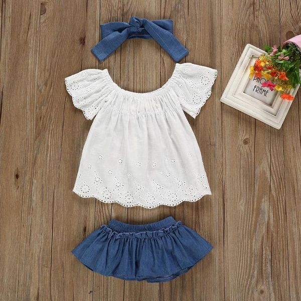 

3pcs summer baby girl clothes newborn baby girls casual outfits solid color lace shirt +denim skirt+bow knot headband set, White