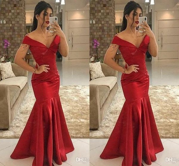 

red simple satin mermaid prom dresses long off shoulder pleats sweep train formal dress evening party gowns vestidos robe, Black;red