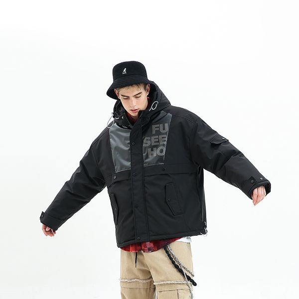 

men's winter hooded cotton splicing design american jacket hip hop high street jacket trend loose warm parker coat, Black