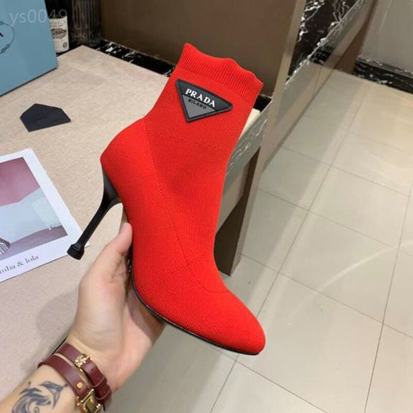 

european station short boots women's stiletto high-heeled black boots classic spring and autumn 2020 new round head knitted boots