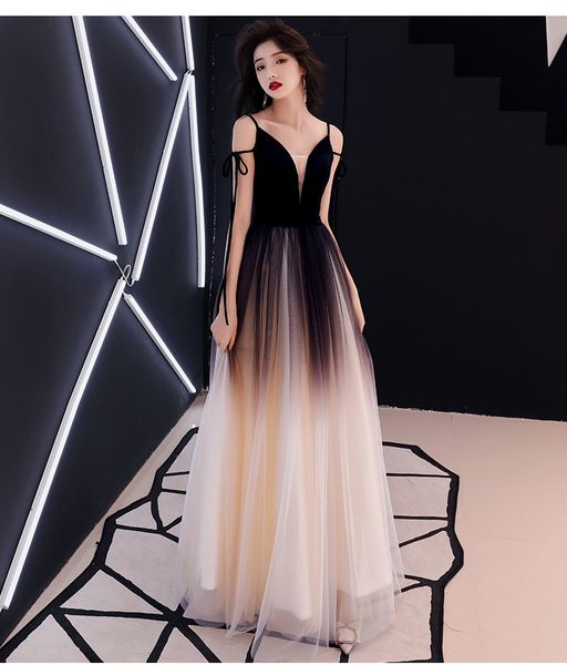 

vestidos straps sheer v-neck a-ine tulle long velvet prom dresses 2019 fashion backless evening dress formal party dresses plus size, Black